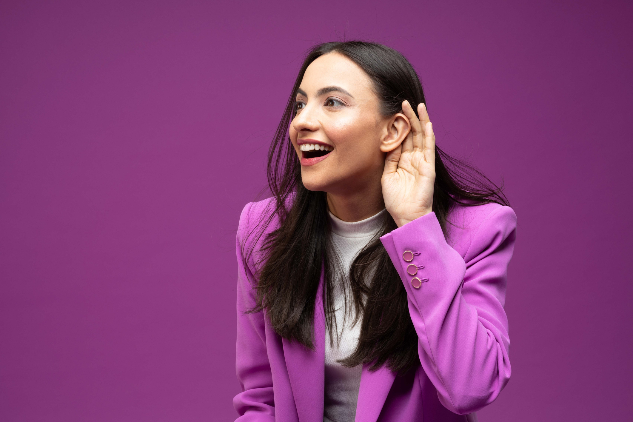 market research results-Portrait of her she nice well-dressed attractive lovely luxury pretty cheerful girl isolated purple background stock photo